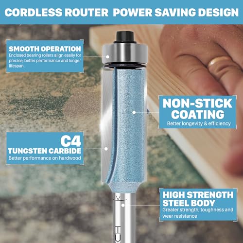 KEENTECH Flush Trim Router Bit, 1/2" Shank, Ideal for Template Work & Clean Flush Trimming, Industrial Carbide Tipped Extra-Long Bearing Pattern Bit, 1/2" Diameter, 2" Cutting Depth - Image 3