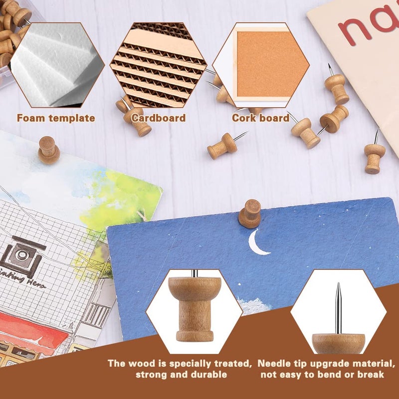 IMZAY 50 Pcs Wooden Push Pins, Decorative Thumb Tacks, Push Pins for Cork Board Head Pin Wood Map Tacks Marking Pin, Wood Thumb Tacks Decorative for Bulletin Boards Craft Projects with Storage Box, Coffee - Image 4