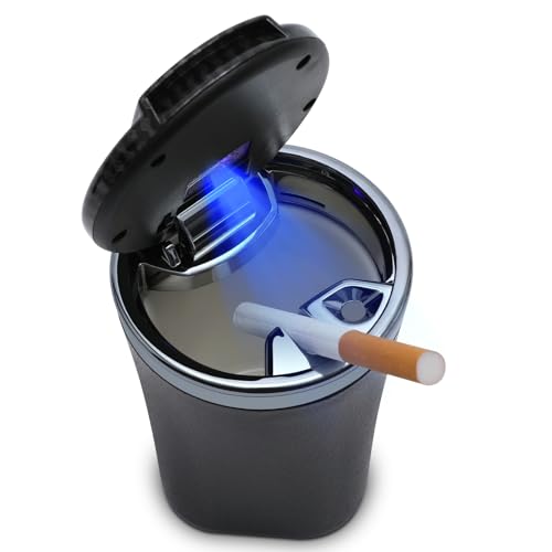 EOCICI Car Ashtray with Lid Auto Ashtrays Smell Proof Smokeless Ashtray for Car Easy Clean Up Detachable Ash Tray with LED Blue Light (Black) - Image 1