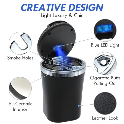 EOCICI Car Ashtray with Lid Auto Ashtrays Smell Proof Smokeless Ashtray for Car Easy Clean Up Detachable Ash Tray with LED Blue Light (Black) - Image 3