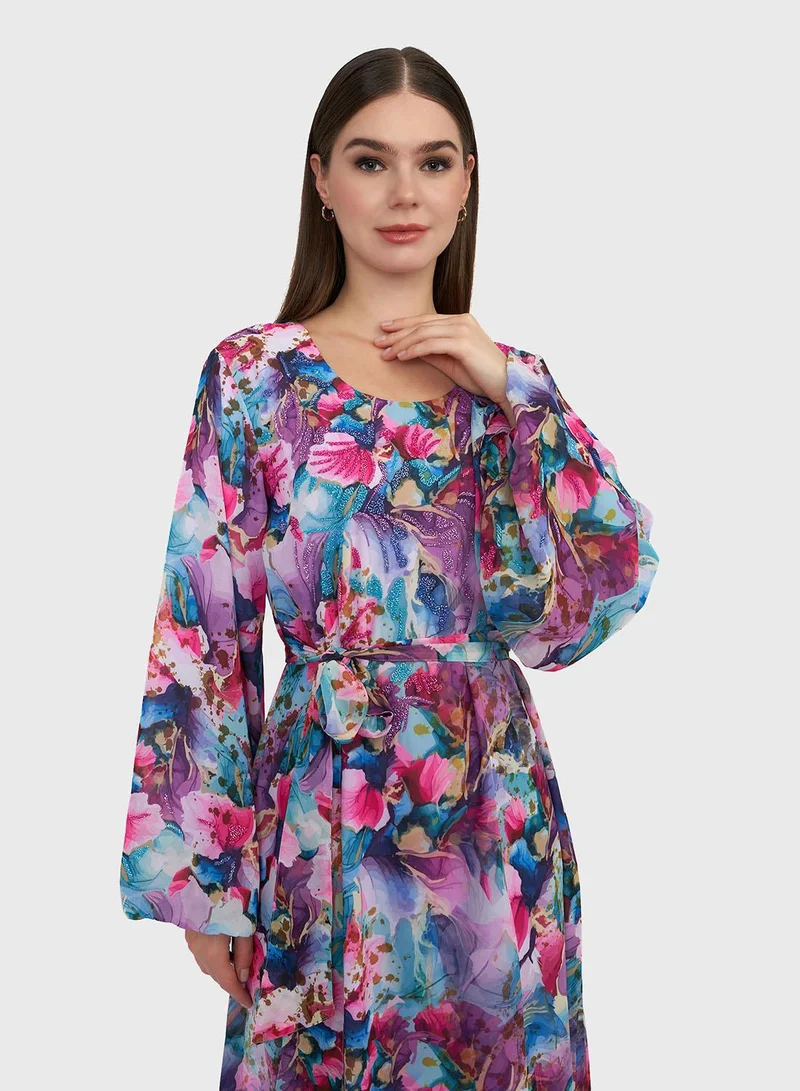 KASHKHA Multicolour Floral Print Georgette Maxi Dress with Beadwork (VDP345)