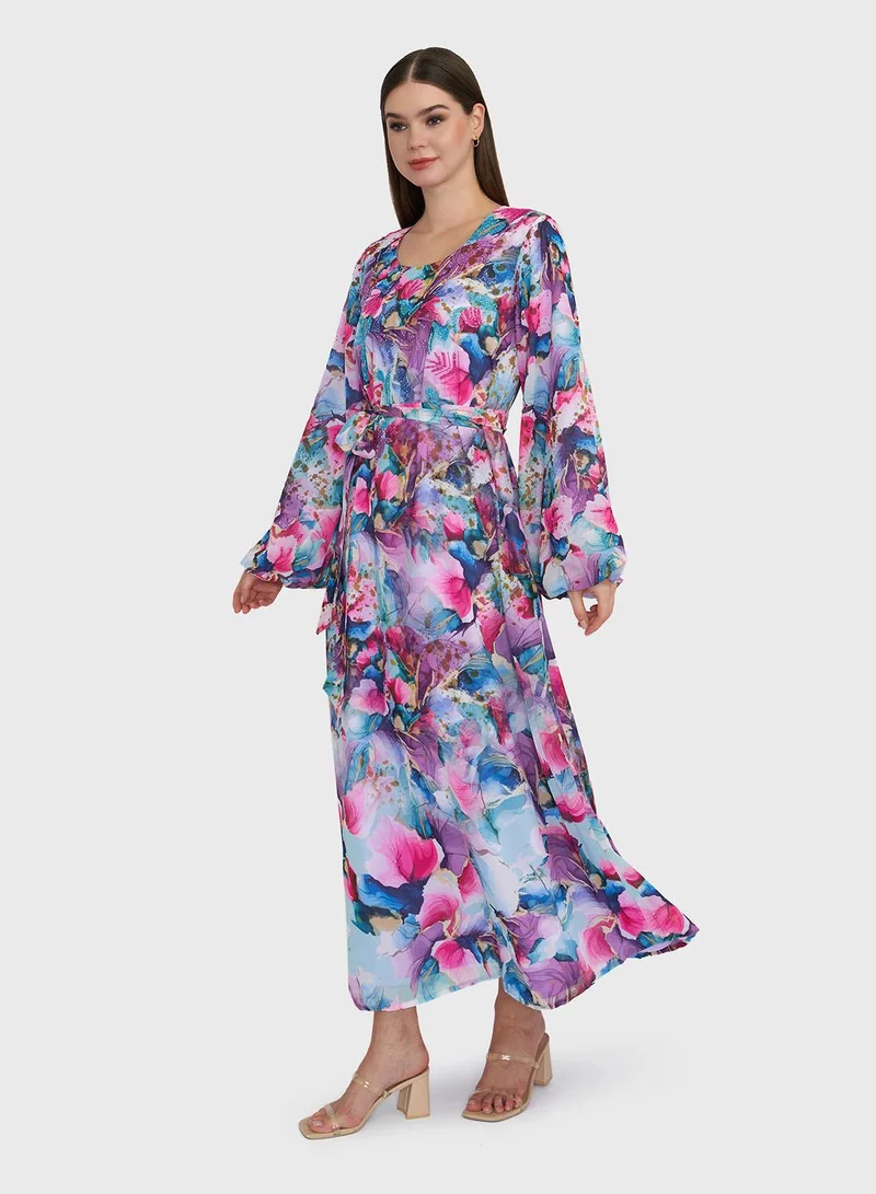 KASHKHA  Multicolour Floral Print Georgette Maxi Dress with Beadwork (VDP345) for Women | Best Price UAE