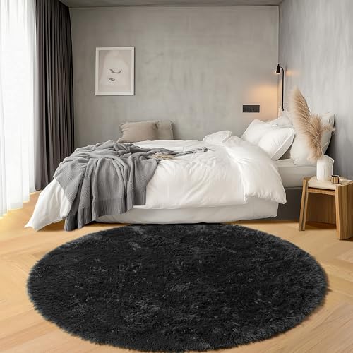 ONASAR Black Round Area Rugs 5ft, Soft Bedroom Circle Rug Floor Mats for Kids Girls Boys Teen Room, Fluffy Plush Shaggy Carpet for Baby Nursery Living Room Playroom Dorm Home Decor - Image 5