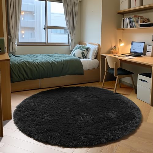ONASAR Black Round Area Rugs 5ft, Soft Bedroom Circle Rug Floor Mats for Kids Girls Boys Teen Room, Fluffy Plush Shaggy Carpet for Baby Nursery Living Room Playroom Dorm Home Decor - Image 1