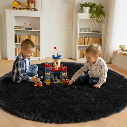 ONASAR Black Round Area Rugs 5ft, Soft Bedroom Circle Rug Floor Mats for Kids Girls Boys Teen Room, Fluffy Plush Shaggy Carpet for Baby Nursery Living Room Playroom Dorm Home Decor - Image 3