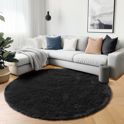 ONASAR Black Round Area Rugs 5ft, Soft Bedroom Circle Rug Floor Mats for Kids Girls Boys Teen Room, Fluffy Plush Shaggy Carpet for Baby Nursery Living Room Playroom Dorm Home Decor - Image 4