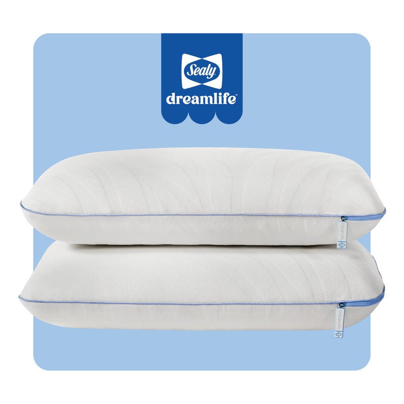 Sealy Dreamlife Queen Size Memory Foam Cooling Pillow with Surface Guard Technology, Removable Machine-Washable Cover, 1 Year Limited Warranty, White (2 Pack) - Image 1