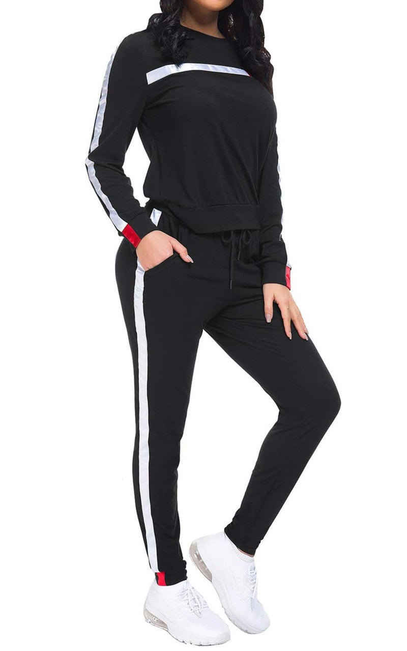 KANSOON Women Stripe Patchwork Long Sleeve Sweatshirt Tops and Long Pants Two Piece Tracksuit Outfits,Black,Small - Image 5