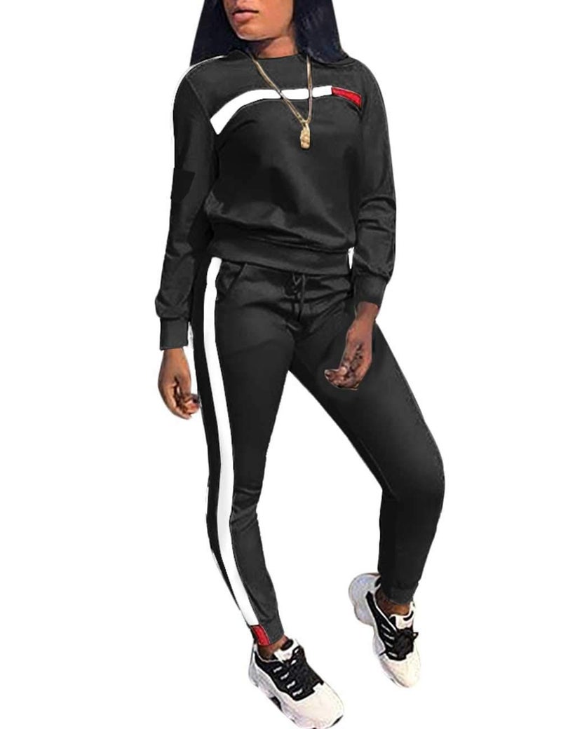 KANSOON Women Stripe Patchwork Long Sleeve Sweatshirt Tops and Long Pants Two Piece Tracksuit Outfits,Black,Small - Image 1
