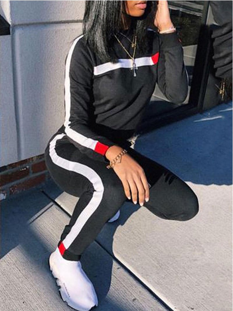 KANSOON Women Stripe Patchwork Long Sleeve Sweatshirt Tops and Long Pants Two Piece Tracksuit Outfits,Black,Small - Image 2