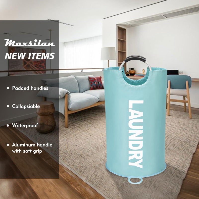 Maxsilan 90L Large Laundry Basket, Freestanding Tall Clothes Hamper, Collapsible Laundry Bag, Light Blue - Image 2