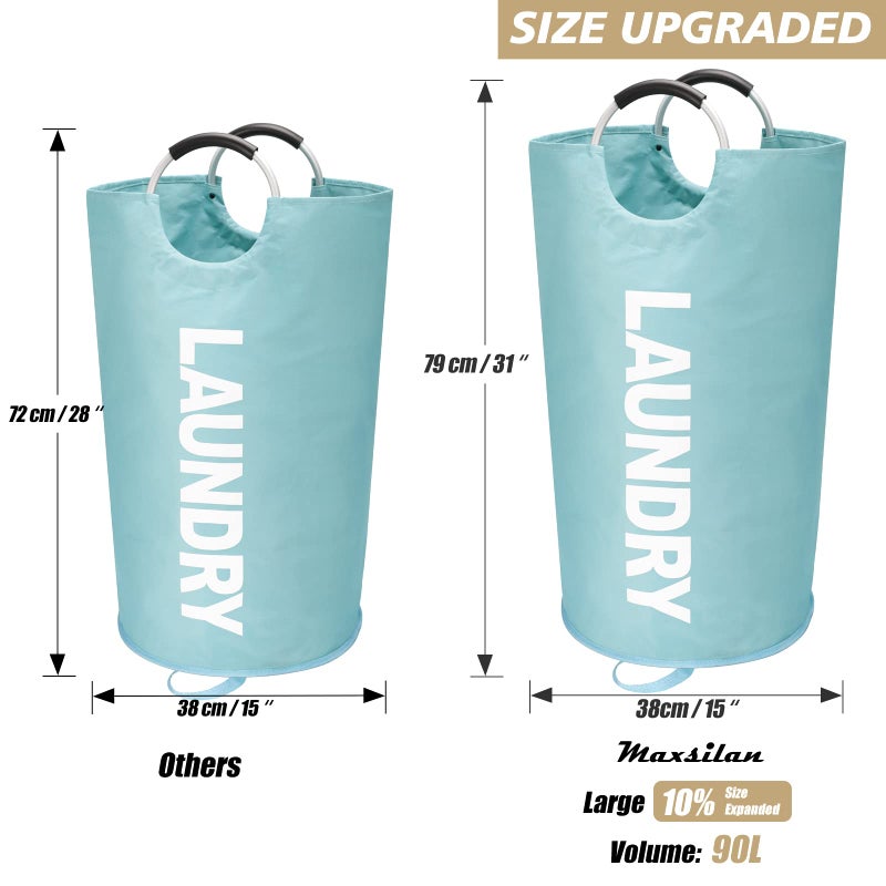 Maxsilan 90L Large Laundry Basket, Freestanding Tall Clothes Hamper, Collapsible Laundry Bag, Light Blue - Image 3