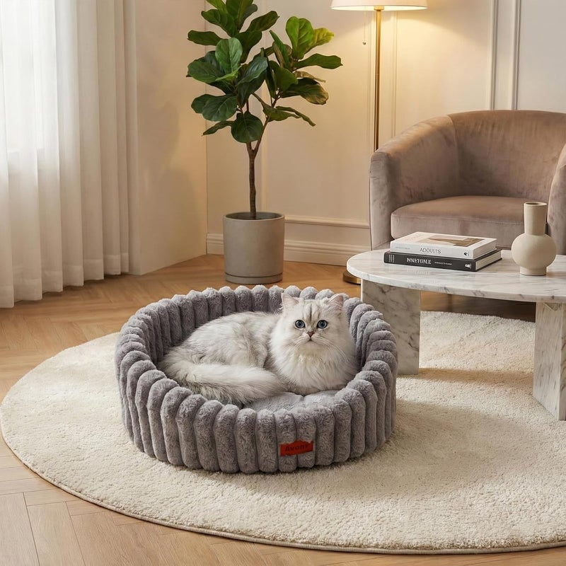 Avont Fluffy Cat Bed, Round Pet Beds for Indoor Cats with Washable Cushion & Non-Slip Bottom, Cozy Sleeping Nest for Kittens & Small Dogs -Grey(S) - Image 2
