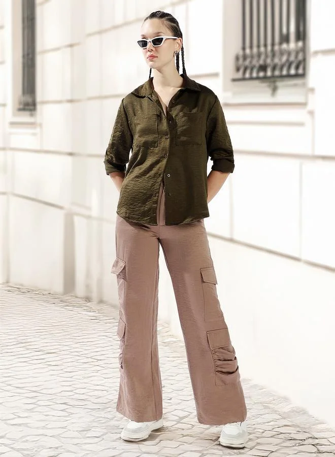 هوبرهولمي قميص نسائي واسع بأزرار بلون زيتوني داكن وبوليستر 1%