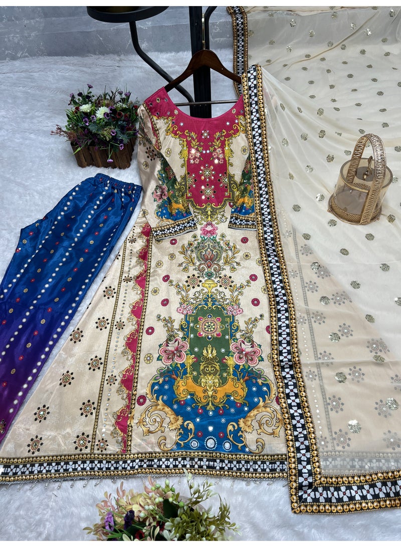 Super Asian Premium Pure Chinnon Silk Suit Set for Women with Real Mirror Hand Work & Heavy Embroidered Dupatta – Fully Stitched - Image 1