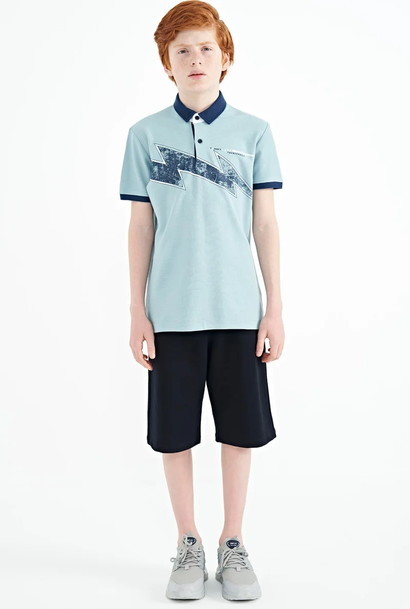تومي لايف Light Blue Print Detailed Standard Size Polo Collar Boy T-Shirt - 11154
