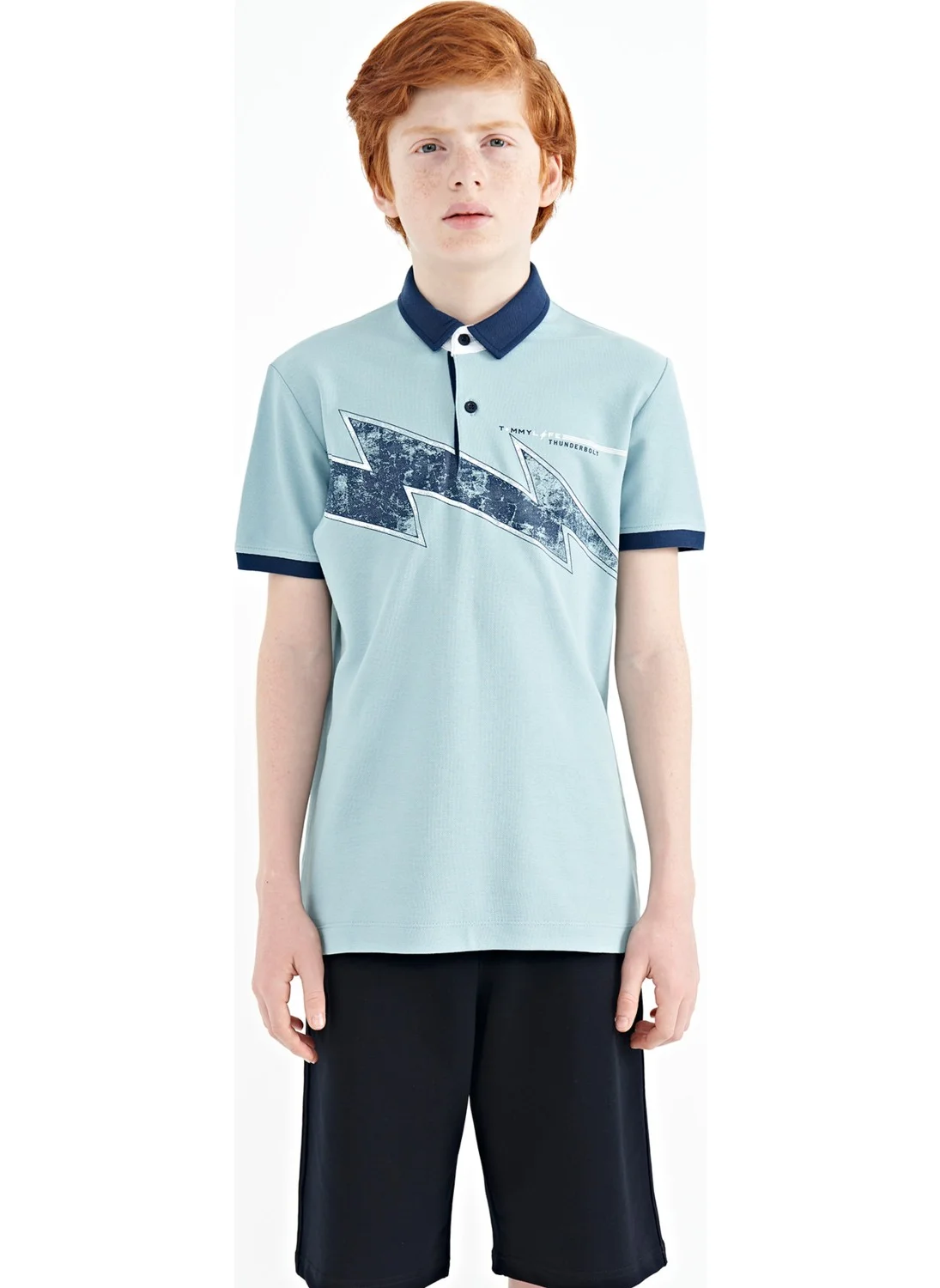 تومي لايف Light Blue Print Detailed Standard Size Polo Collar Boy T-Shirt - 11154