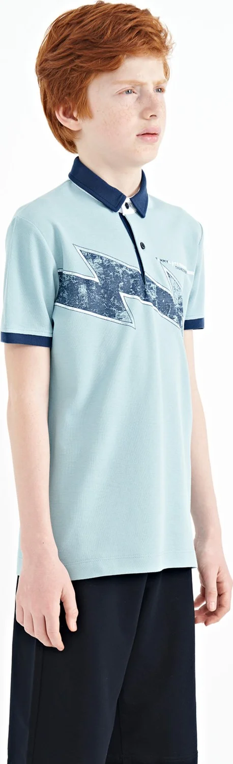 تومي لايف Light Blue Print Detailed Standard Size Polo Collar Boy T-Shirt - 11154