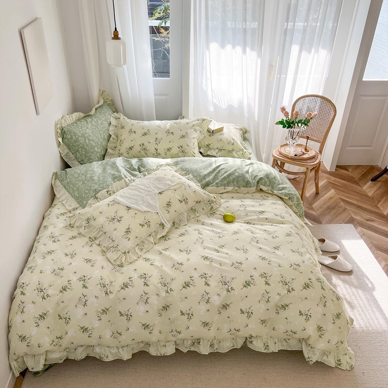 MKXI Queen Size Beige & Green Floral Comforter Set - 3 Piece Ruffled Lace Bedding Set with Reversible Design, Soft Aesthetic Cottagecore Style Green Leaf Comforter for Girls, Women, and Teens - Image 3