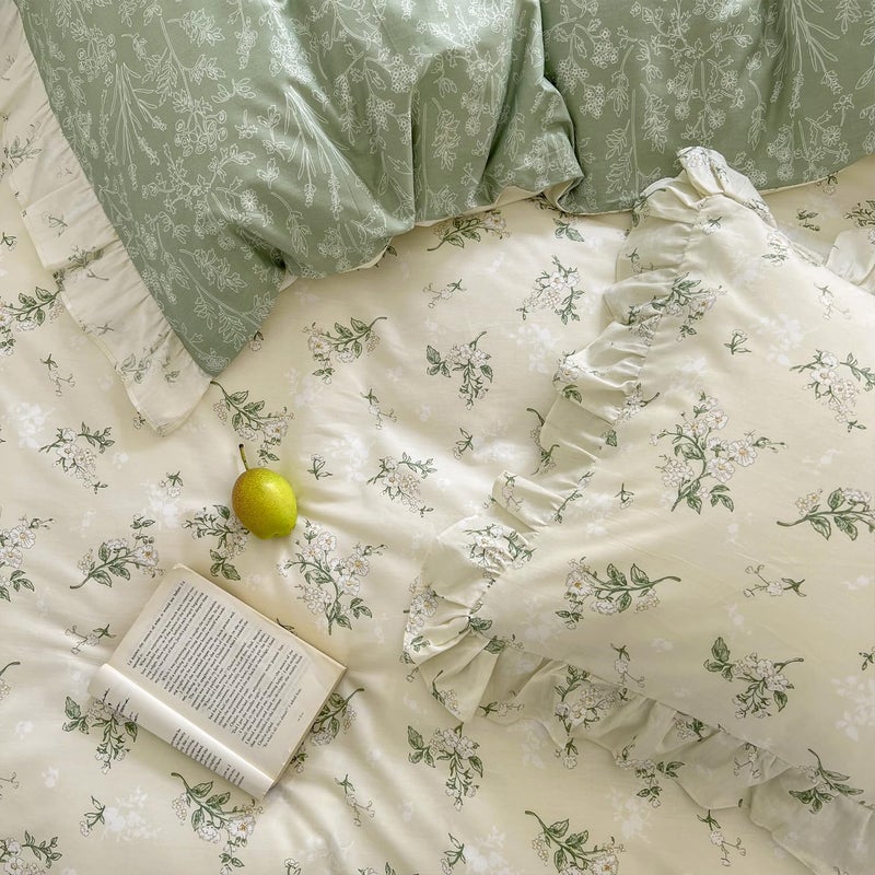 MKXI Queen Size Beige & Green Floral Comforter Set - 3 Piece Ruffled Lace Bedding Set with Reversible Design, Soft Aesthetic Cottagecore Style Green Leaf Comforter for Girls, Women, and Teens - Image 5