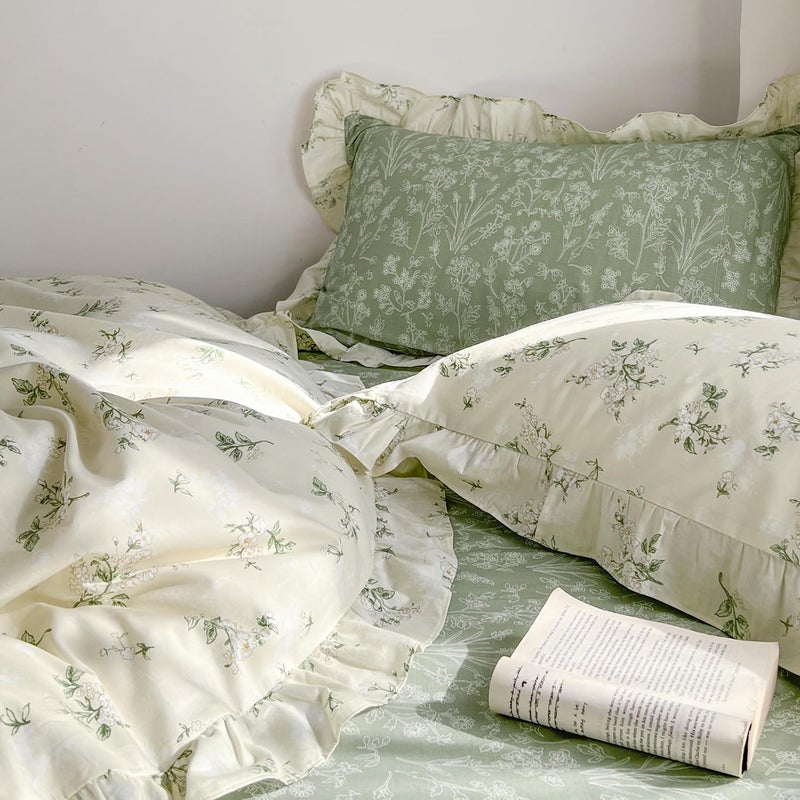 MKXI Queen Size Beige & Green Floral Comforter Set - 3 Piece Ruffled Lace Bedding Set with Reversible Design, Soft Aesthetic Cottagecore Style Green Leaf Comforter for Girls, Women, and Teens - Image 4