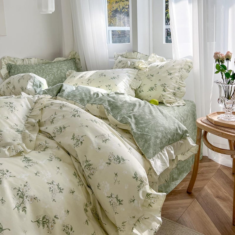 MKXI Queen Size Beige & Green Floral Comforter Set - 3 Piece Ruffled Lace Bedding Set with Reversible Design, Soft Aesthetic Cottagecore Style Green Leaf Comforter for Girls, Women, and Teens - Image 2