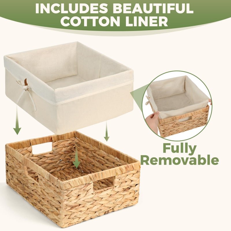 Storage Standard Wicker Shelf Storage Baskets for Organizing - Natural Water Hyacinth Woven Basket Organizers & Storage for Shelves w/Handles & Cotton Liner for Home & Pantry Decor Organization, Large 15â€ x 12â€ x 6â€ - Image 5