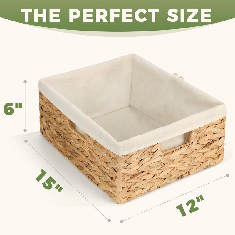 Storage Standard Wicker Shelf Storage Baskets for Organizing - Natural Water Hyacinth Woven Basket Organizers & Storage for Shelves w/Handles & Cotton Liner for Home & Pantry Decor Organization, Large 15â€ x 12â€ x 6â€ - Image 3