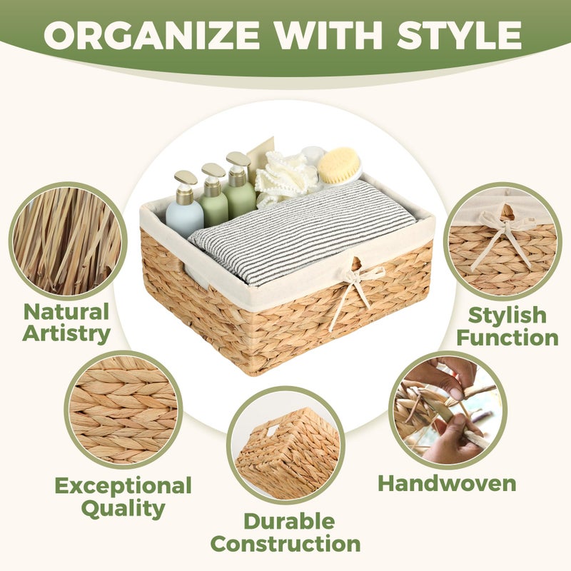 Storage Standard Wicker Shelf Storage Baskets for Organizing - Natural Water Hyacinth Woven Basket Organizers & Storage for Shelves w/Handles & Cotton Liner for Home & Pantry Decor Organization, Large 15â€ x 12â€ x 6â€ - Image 4