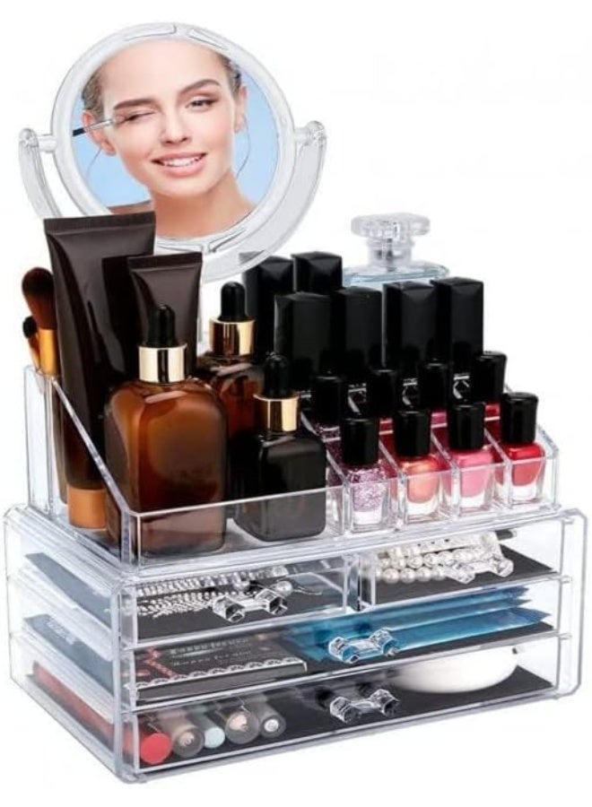 منظم مكياج مع مرآة - صندوق تخزين بثلاثة أدراج للمجوهرات ومنتجات العناية بالبشرة والجمال - منظم مكياج أكريليك للخزانة، وسطح العمل، والحمام - Image 4