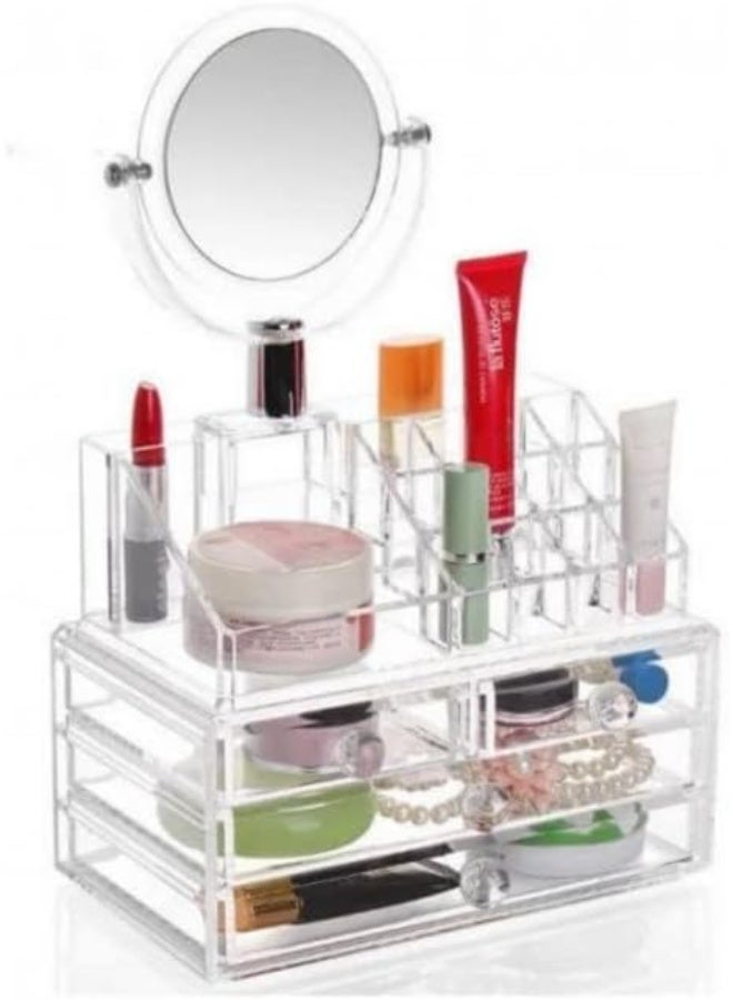 منظم مكياج مع مرآة - صندوق تخزين بثلاثة أدراج للمجوهرات ومنتجات العناية بالبشرة والجمال - منظم مكياج أكريليك للخزانة، وسطح العمل، والحمام - Image 3