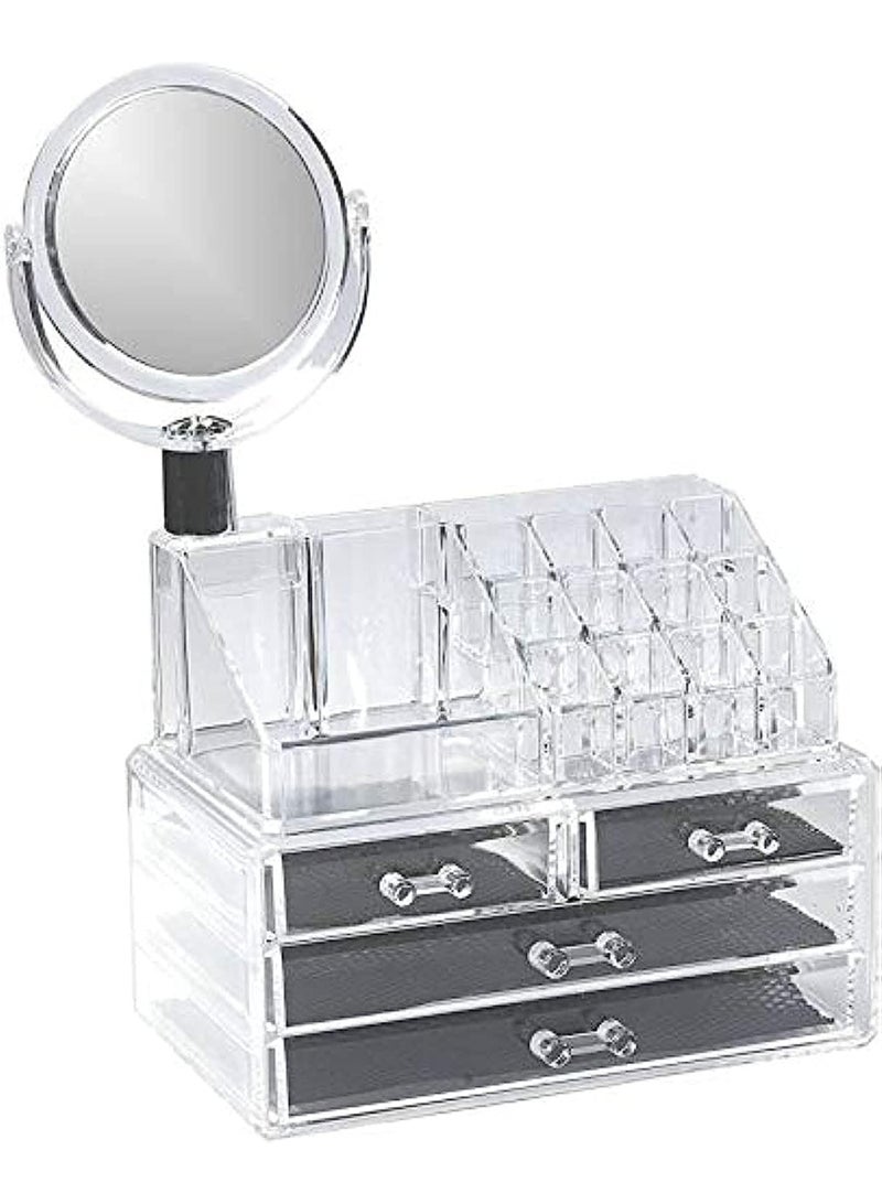 منظم مكياج مع مرآة - صندوق تخزين بثلاثة أدراج للمجوهرات ومنتجات العناية بالبشرة والجمال - منظم مكياج أكريليك للخزانة، وسطح العمل، والحمام - Image 1