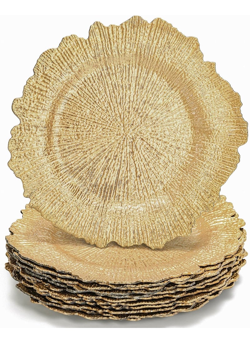 WUWEOT WUWEOT 12 Pack 13 Gold Charger Plates Plate Chargers with Flora Reef Design Plastic Round Ruffled Rim Dinner Charger Plates for Dinner Wedding Party Decoration  - Image 1