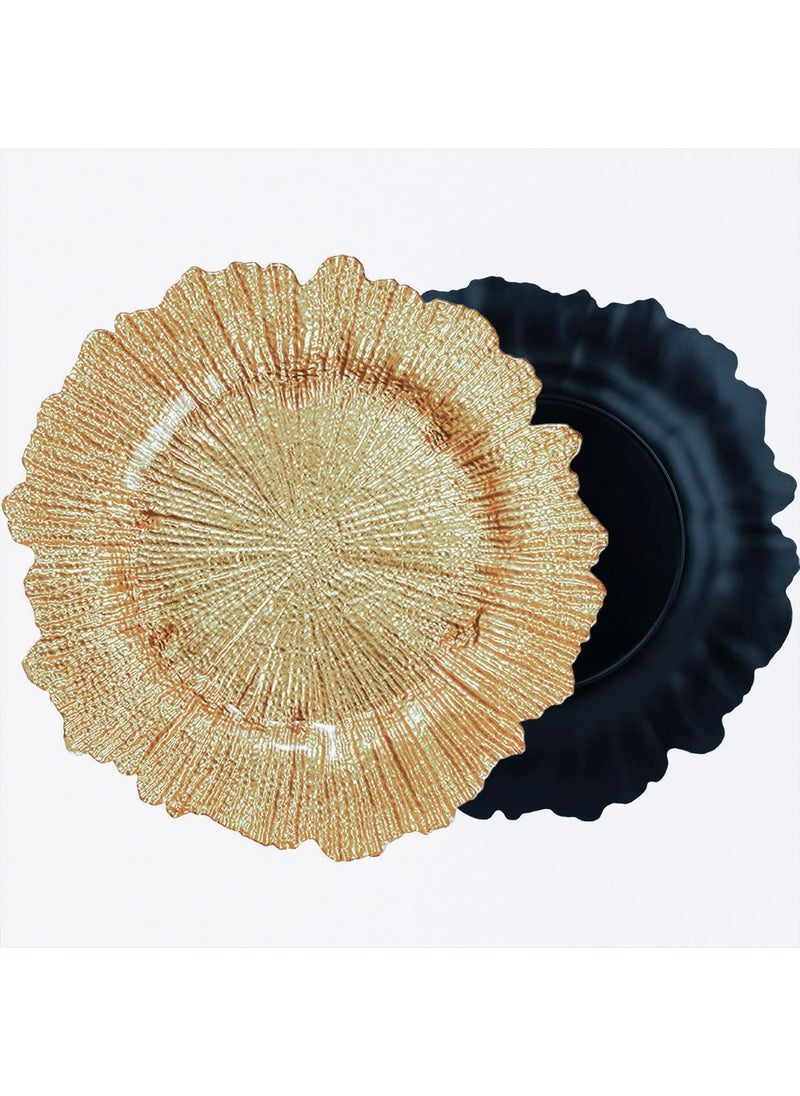 WUWEOT WUWEOT 12 Pack 13 Gold Charger Plates Plate Chargers with Flora Reef Design Plastic Round Ruffled Rim Dinner Charger Plates for Dinner Wedding Party Decoration  - Image 2