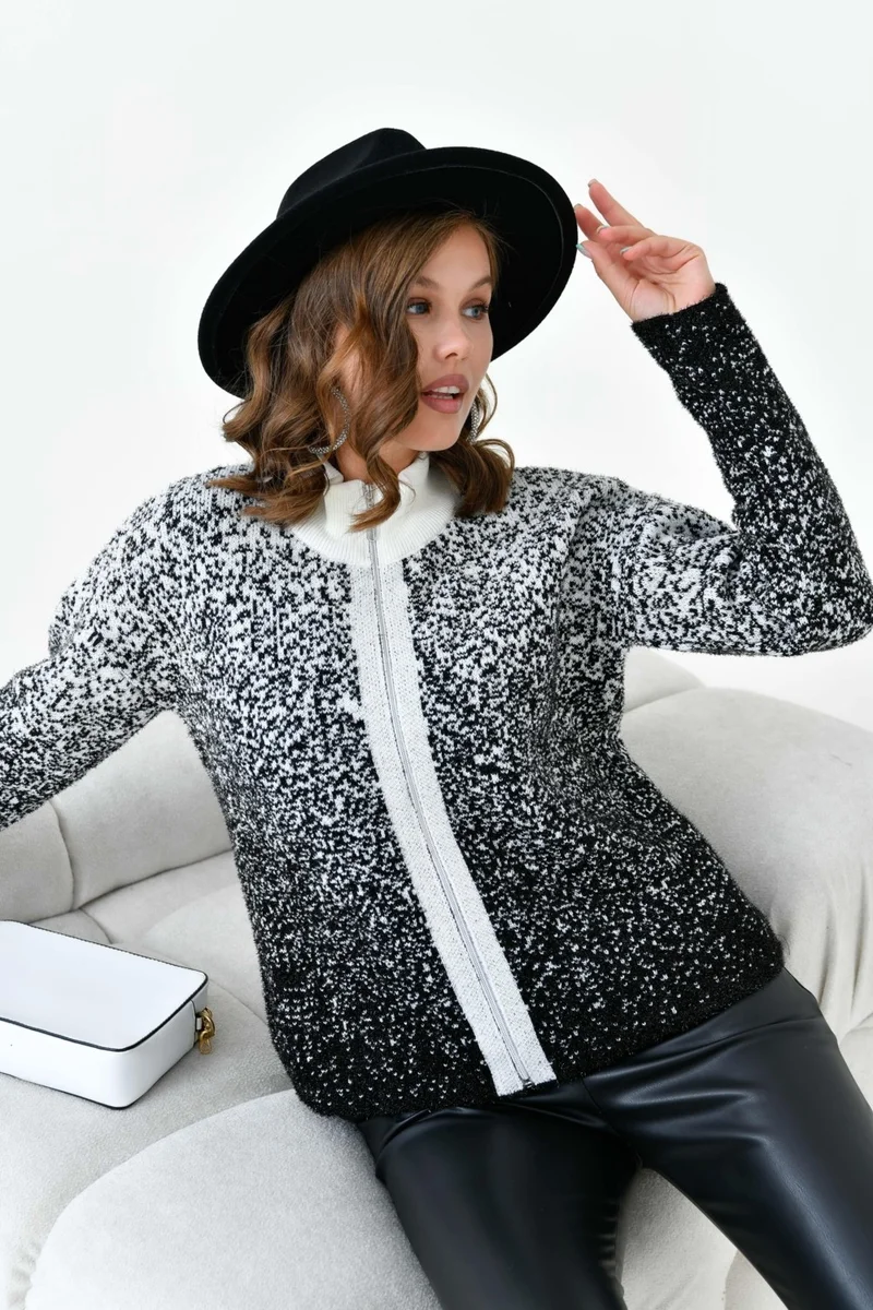 Garmi Women's Zipper Detail Cardigan Ecru Black