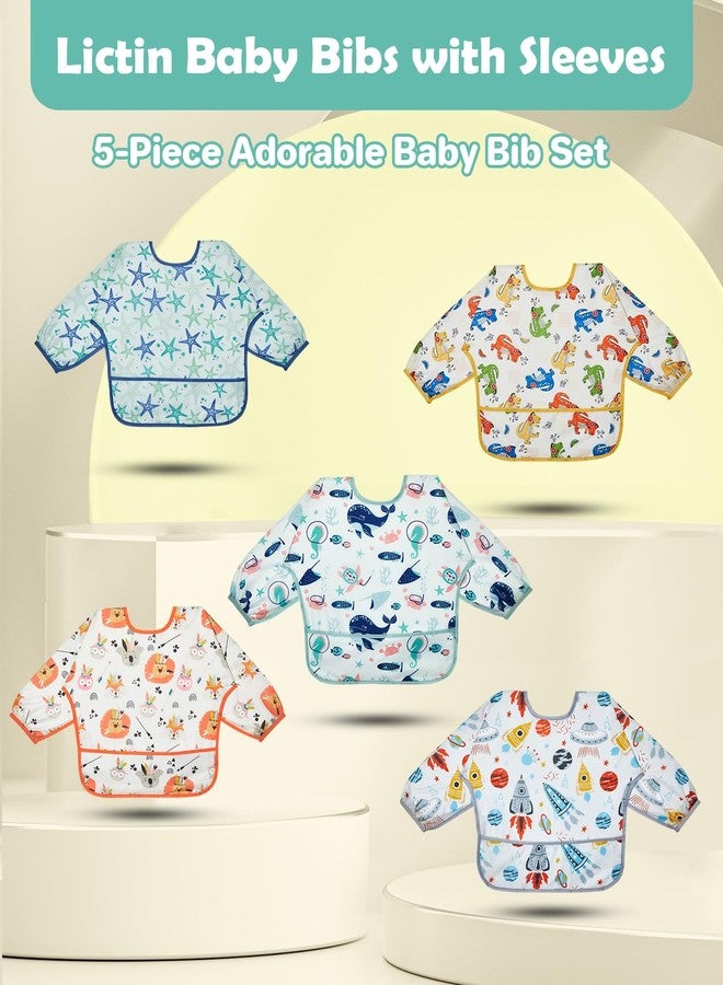 Lictin 5 Pack Long Sleeve Bibs - Waterproof Toddler Bibs, Sleeved Baby Feeding Bibs for Boy, 0-24 Months, Neutral Baby Smock for Eating, Reusable Infant Bibs for Feeding, Teething or Weaning - Image 2