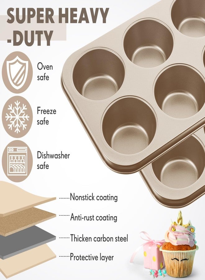 Blushtier 6 Pack Jumbo Nonstick Muffin Baking Pan Muffin Tins Heavy Duty Cupcake Tin Gold Carbon Steel Cup Cake Tray for Baking Cupcakes, Dishwasher Safe Small Muffins Tarts - Image 3