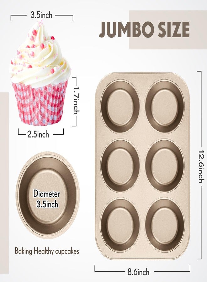 Blushtier 6 Pack Jumbo Nonstick Muffin Baking Pan Muffin Tins Heavy Duty Cupcake Tin Gold Carbon Steel Cup Cake Tray for Baking Cupcakes, Dishwasher Safe Small Muffins Tarts - Image 2