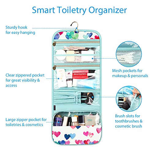 Fintie Portable Toiletry Cosmetic Travel Bag, Large Water Resistant Hanging Makeup Organizer Storage Pouch Case for Women Girls (Raining Hearts) - Image 2
