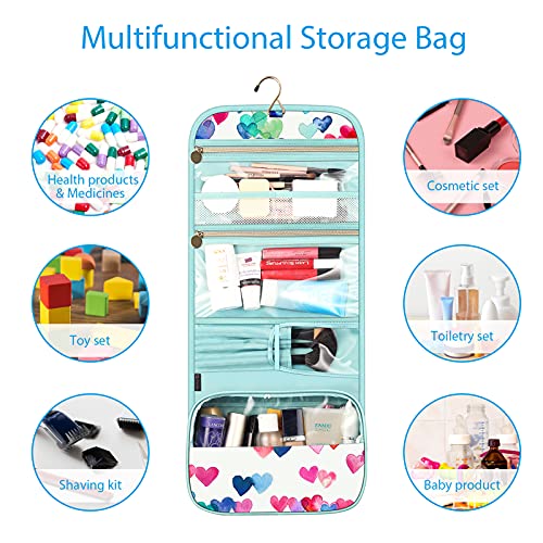 Fintie Portable Toiletry Cosmetic Travel Bag, Large Water Resistant Hanging Makeup Organizer Storage Pouch Case for Women Girls (Raining Hearts) - Image 5
