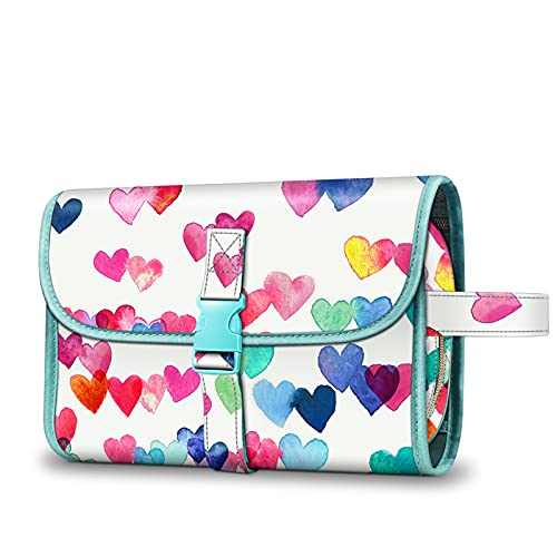 Fintie Portable Toiletry Cosmetic Travel Bag, Large Water Resistant Hanging Makeup Organizer Storage Pouch Case for Women Girls (Raining Hearts) - Image 1