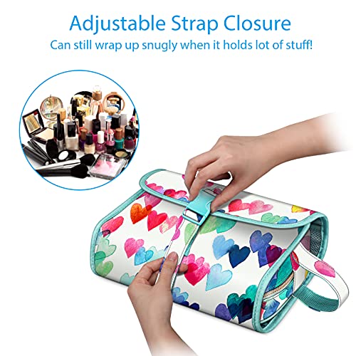 Fintie Portable Toiletry Cosmetic Travel Bag, Large Water Resistant Hanging Makeup Organizer Storage Pouch Case for Women Girls (Raining Hearts) - Image 3