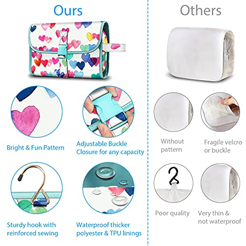 Fintie Portable Toiletry Cosmetic Travel Bag, Large Water Resistant Hanging Makeup Organizer Storage Pouch Case for Women Girls (Raining Hearts) - Image 4