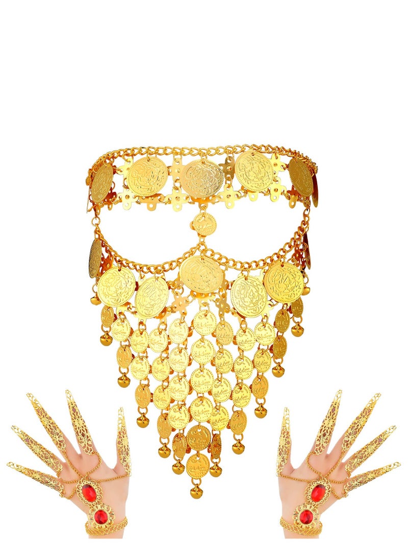 KASTWAVE Lady Cosplay Belly Dance Jewelry Coin Veil Sets Halloween Carnival Play Accessories Egyptian Gold Bracelets with Finger Nails Gypsy Egyptian Bracelet for Halloween Costume - Image 1