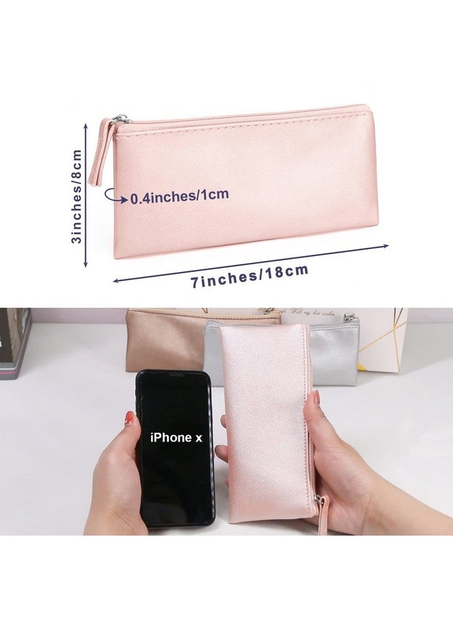 SumDirect Pu Leather Cosmetic Pencil Bags Small Soft Makeup Pouch With Zipper Simple Comestic Organizer Pink Gold Silver - Image 2