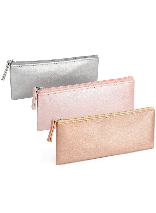 SumDirect Pu Leather Cosmetic Pencil Bags Small Soft Makeup Pouch With Zipper Simple Comestic Organizer Pink Gold Silver - Image 1
