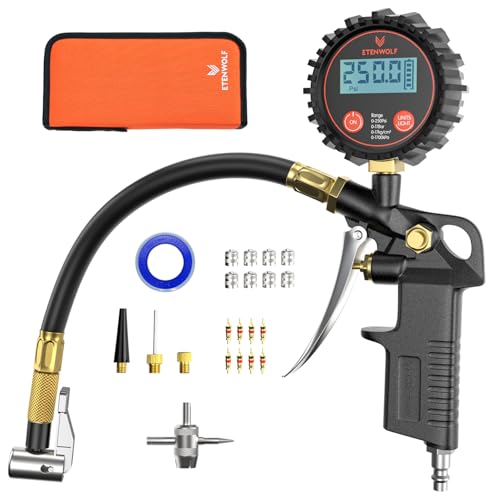 ETENWOLF T500 Digital Tire Pressure Gauge with Inflator Tire Gauge 0250 PSI Calibrated to ANSI B407 Grade 2A Air Chuck Compressor Accessories with Storage Bag Black