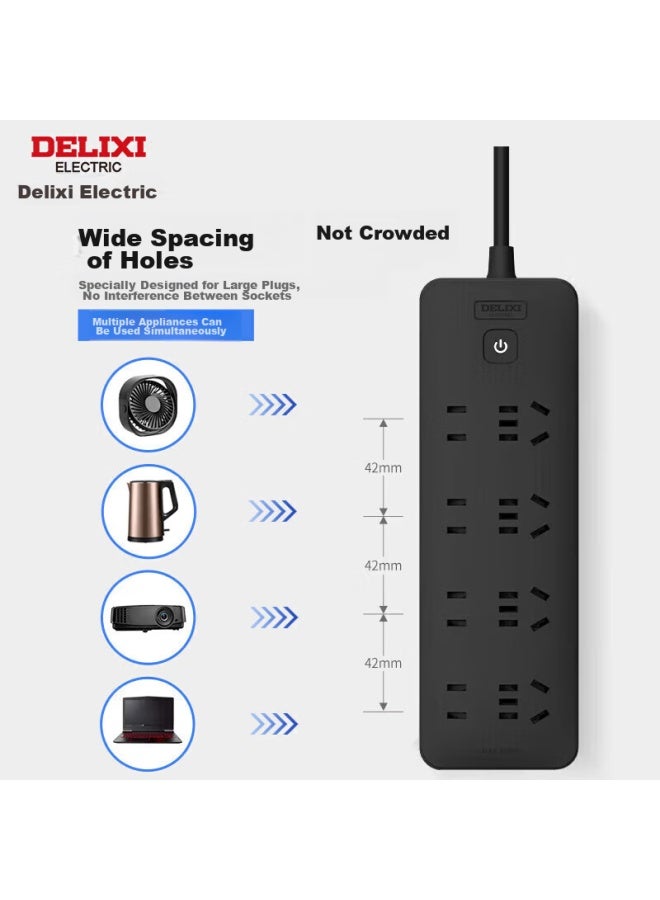 Delixi New National Standard Power Strip/extension Cord/power Bar/power Strip/power Board/power Strip 8 Outlets With Master Switch, 3 Meters Long, Black - Image 4