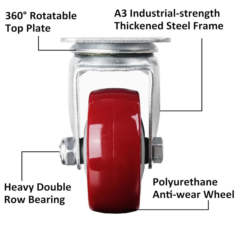 Finnhomy Swivel Casters Wheels Set of 4 Plate Casters 3 Inch Premium Polyurethane Wheels PU Load Bearing 1200 Lbs Antiwear Smooth Casters Red - Image 3