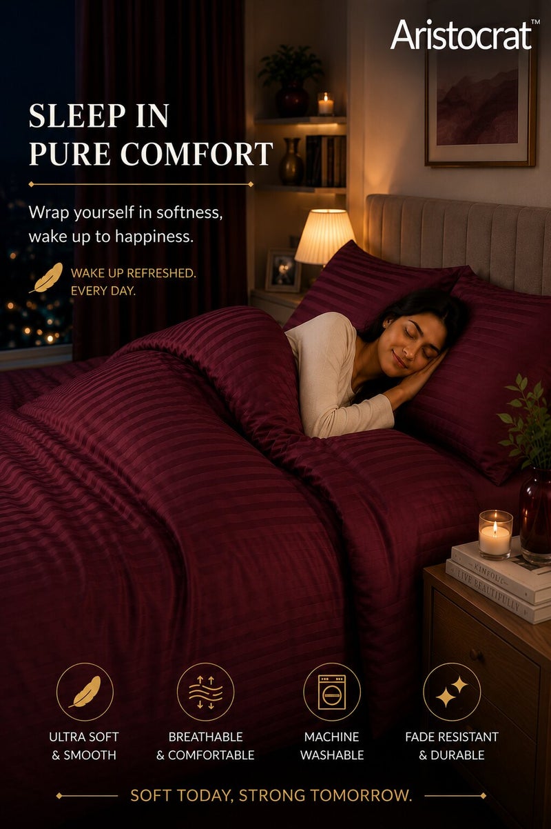 Aristocrat 3-Piece Stripe Microfiber Duvet Cover Set | Single | Includes 1 Duvet Cover (160x220cm) & 2 Pillowcases (53x75+15cm) | Ultra Soft, Breathable & Wrinkle Resistant |maroon - Image 3
